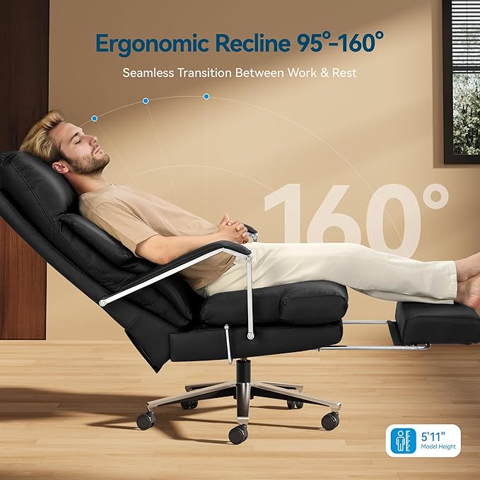 M76 160° Reclining Executive Office Chair with Footrest, Adjustable Seat Depth, 10" Thick Cloud Cushion Desk Chair, 420lb Heavy Duty High Back Leather Desk Chair for Home Office, Black