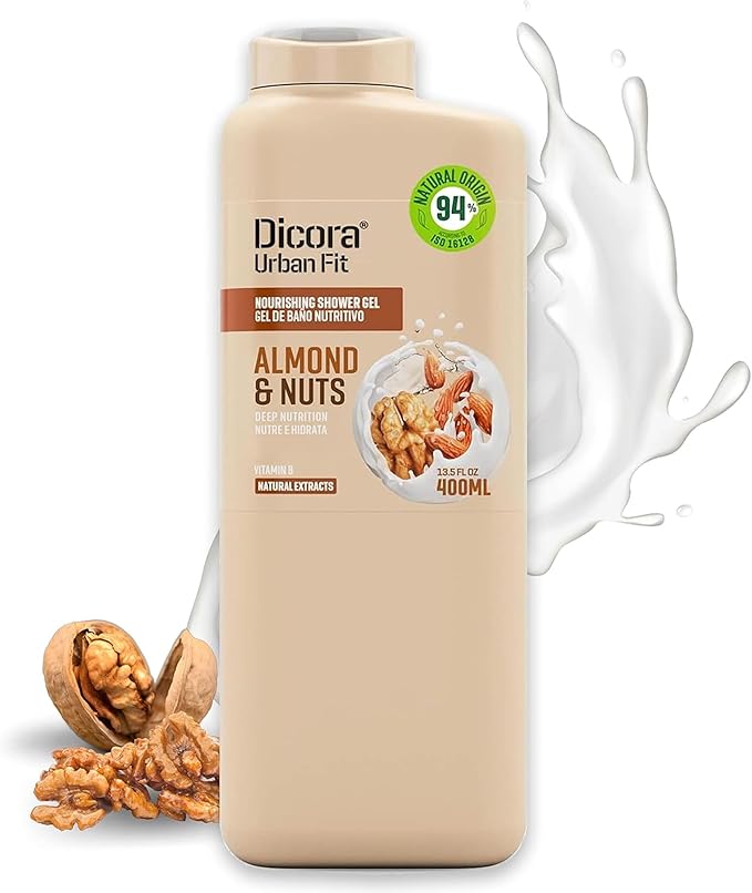 Dicora Urban Fit Nourishing Shower Gel - Extra Moisturizing Women and Mens Body Wash - With Vitamin B for Skin Elasticity - Almond and Nuts - 13.5 oz