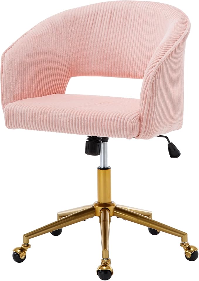 Westice Home Office Desk Chairs, Modern Corduroy Rolling Chair, Height Adjustable Swivel Vanity Chair with Golden Base, Ergonomic Chair for Vanity Study, Living Room Computer Room, Pink