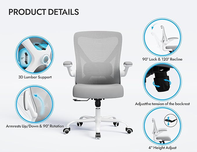 Office Chair Ergonomic Desk Chair Comfy: 330LBS Mesh Computer Chair Ergonomic Gaming Chairs with Wheels Adjustable Lumbar Support and Flip up Armrest-Swivel Executive Chairs Long Hours(White Gray)