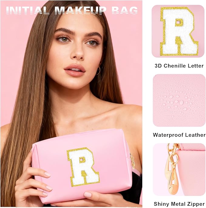 Initial Makeup Bag - Birthday Gifts for Girls 4 5 6 7 8 9 10 11 12 Year Old Teen Girls, Personalized Teen Girl Gifts - Preppy Cosmetic Bags Cute claw clips for Kids Women (Pink R)