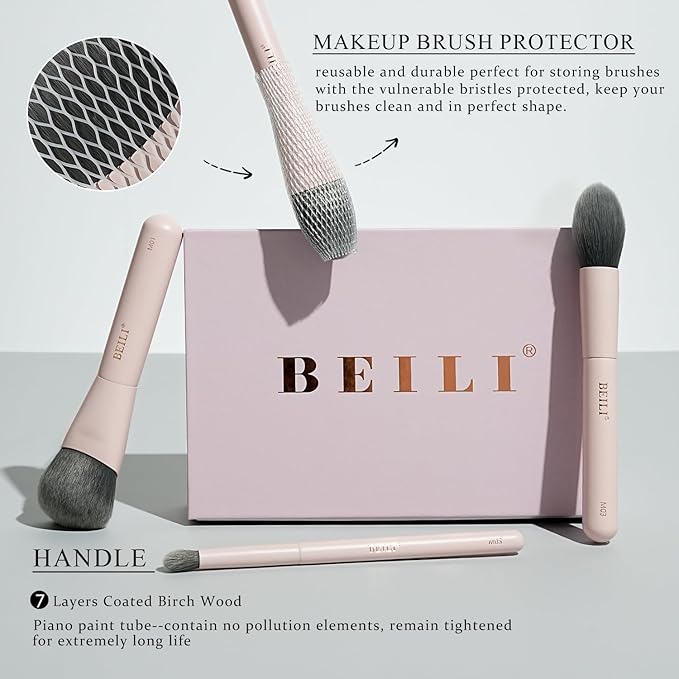BEILI Mini 6Pcs Makeup Brush Set – Soft Pink, Travel Makeup Brushes for Foundation, Contour, Highlighter & Blending, Includes Sponge and Gift-Ready Box