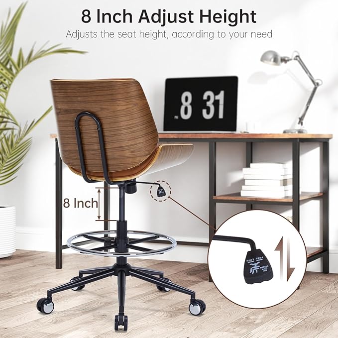 Drafting Office Chair Ergonomic Executive Computer Standing Desk Chair with Adjustable Height and Footrest Ring, Drafting Chair for Counter Height Desk and Drawing (Brown)