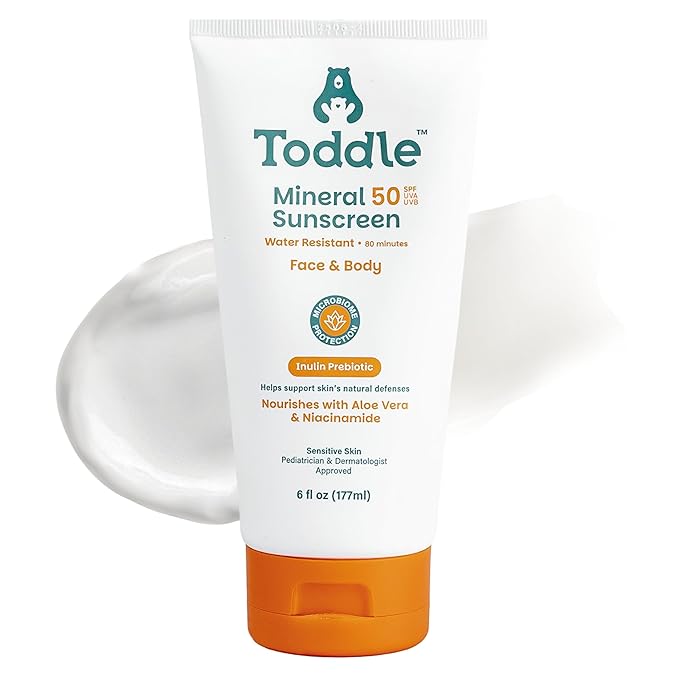 Prebiotic Mineral Sunscreen SPF 50 for Kids & Baby, Face & Body Sun Protection, Reef Safe, Non-Toxic Zinc Oxide Broad Spectrum, Water-Resistant, No White Cast, 6oz