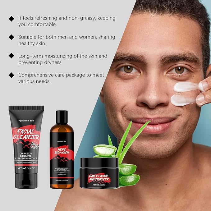 Bath and Skin Care Gift Set for Men, 3 Pieces Nourishing Facial and Body Care Kit Includes Face Wash, Shower Gel, Moisturizer, Valentines Fathers Day Birthday Gifts for Husband Dad Boyfriend Him