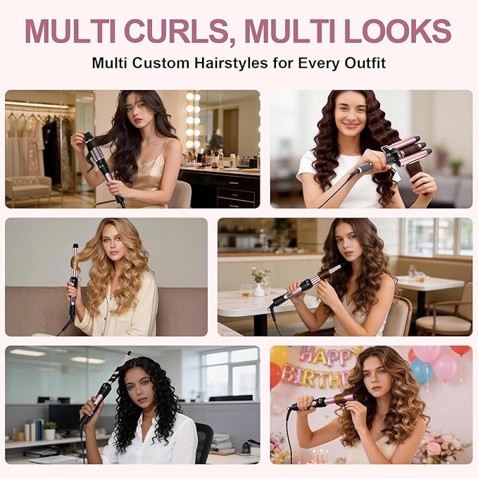 6 in 1 Wand Curling Iron Set, 3 Barrel Curling Wand Set with Thermal Brush (1.5") and 5 Interchangeable Ceramic Hair Wand Curler (0.35"-1.25"), Home Travel Multi Curl, 2 Temp 30S Instant Heat Up