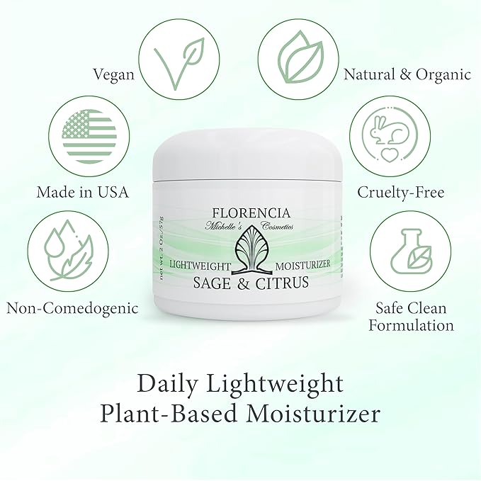 Florencia Sage & Citrus Lightweight Moisturizer - Fast-Absorbing, Hydrating, Nutrient Enhanced Face Cream for Sensitive, Oily, Combination Skin.