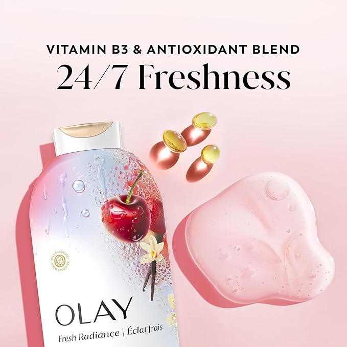 Olay Body Wash for Women, Fresh Radiance, 24/7 Skin-Loving Freshness, Visibly Radiant, Plant Based Cleansers, Vitamin B3 & Antioxidant Blend, For All Skin Types, Black Cherry & Vanilla Scent, 22 fl oz
