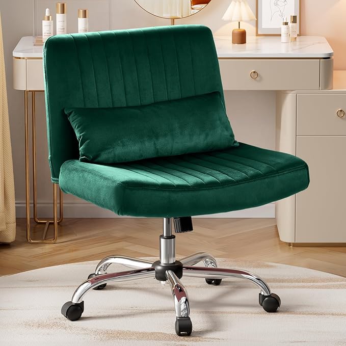 Warmiehomy Velvet Criss Cross Office Chair with Wheels, Luxury Cross Legged Desk Chair for Bedroom, Armless Wide Seat Computer Chair, Modern Vanity Chair, Gift for Teens & Girlfriend, Dark Green