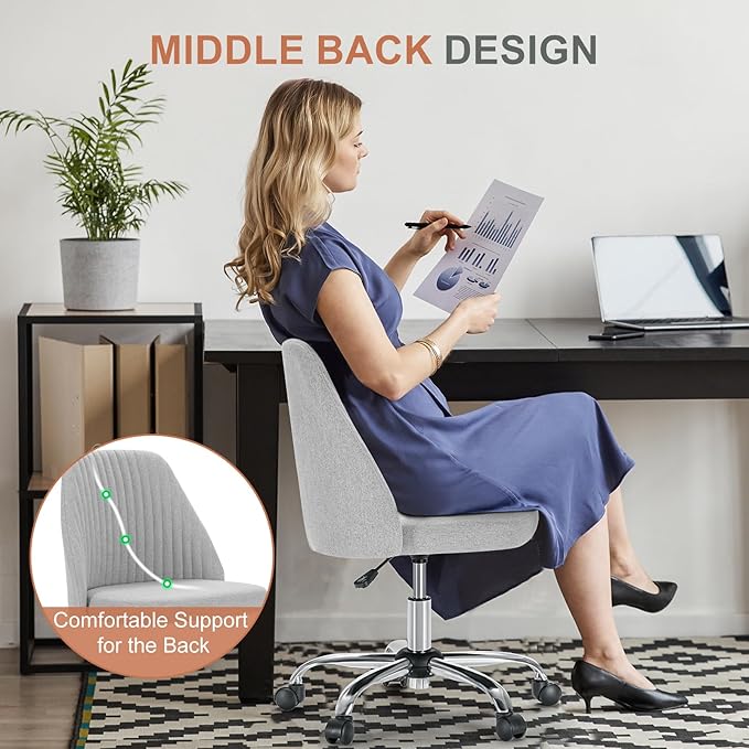 DUMOS Office Chair, Comfy Desk Chair Rolling Vanity Swivel Task Chairs with Wheels, Wide Seating Armless Height Adjustable Computer Chairs for Home,Bedroom,Student,Adults, Dull Gray