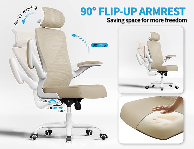 Ergonomic Office Chair - Mesh Desk Chair with Adjustable Lumbar Support High Back Computer Gaming Chairs - Big and Tall Office Chairs Adults, Comfortable for Long Hours, Beige