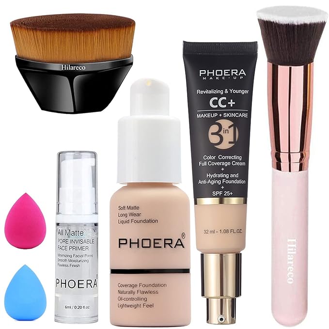 PHOERA CC+ Cream Color Correcting Anti Aging Hydrating Serum & SPF 25+, PHOERA Primer, Makeup, Kabuki Makeup Brushes Foundation Brush Powder (101 Porcelain + 100 Porcelain CC Cream)