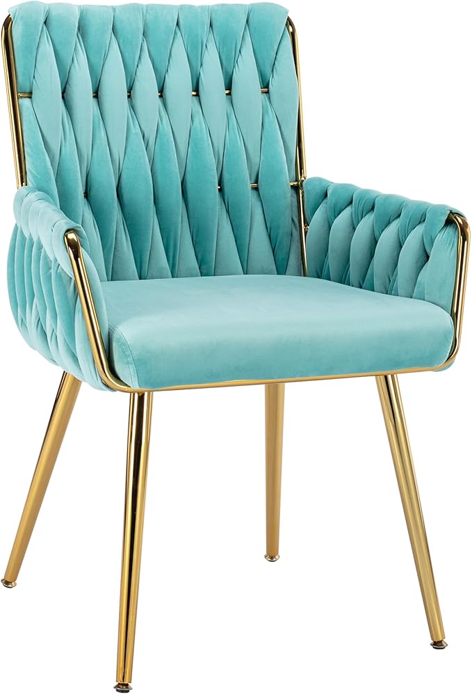 ABET Office Desk Chair No Wheels, Woven Velvet Vanity Chair with Back & Armrest, Comfy Upholstered Cute Gold Metal Legs Makeup Aesthetic Armchair for Girls & Women Bedroom, Nail Spa, Light Blue