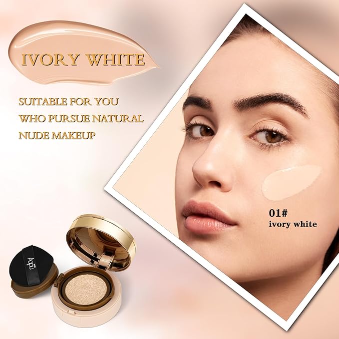 Cushion Foundation, Essential Skin Nuder Cushion, 4-in-1 Triple Layer Korean Skin Care & Face Beauty Makeup, Easy Application for All Skin Types, (Concealer, Cushion Cream, Setting Powder), #01-IVORY