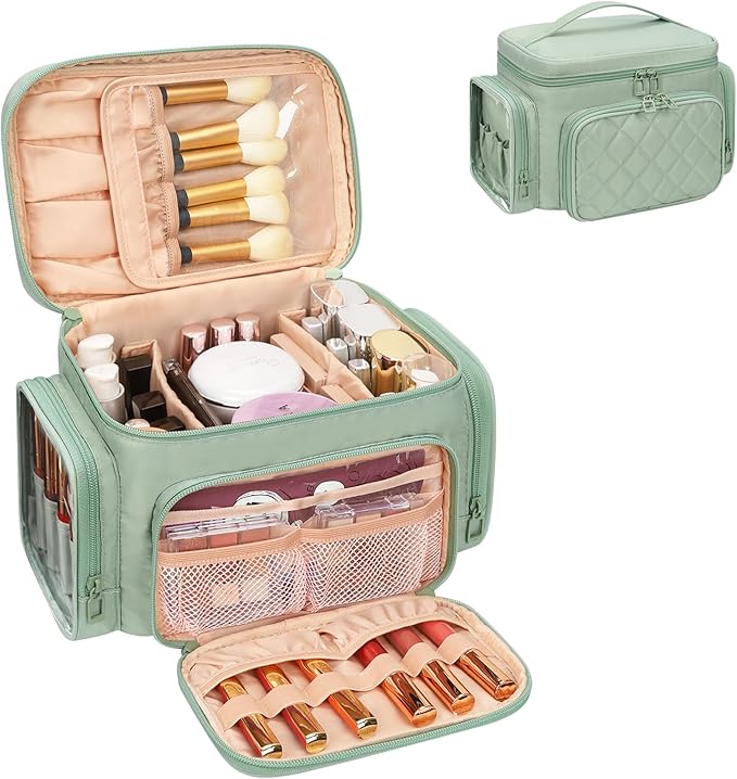 Large Makeup Bag, Portable Travel Makeup Bag Organizer for Women Girls with Makeup Brush Compartment & Two Side Pockets, Cosmetic Travel Bag Vertical Storage Toiletry - Green