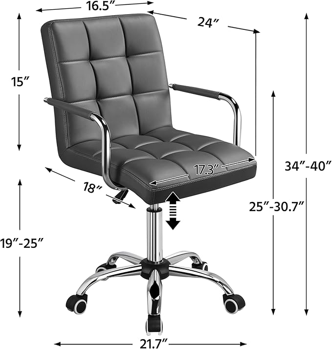 Yaheetech Mid Back Desk Chair, PU Leather Office Task Chair with Armrests/Large Seat, Adjustable Chair with Wheels, Grey