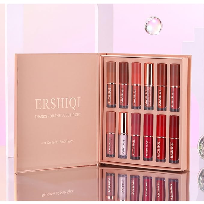 12Pcs Nude Matte Liquid Lipstick Set, Waterproof Long Lasting Non-Stick Cup 12 Colors Nude Lipstick 24 Hour Not Fade Matte Lipstick Professional Lip Gloss Makeup Valentine's Day Gift Sets for Women