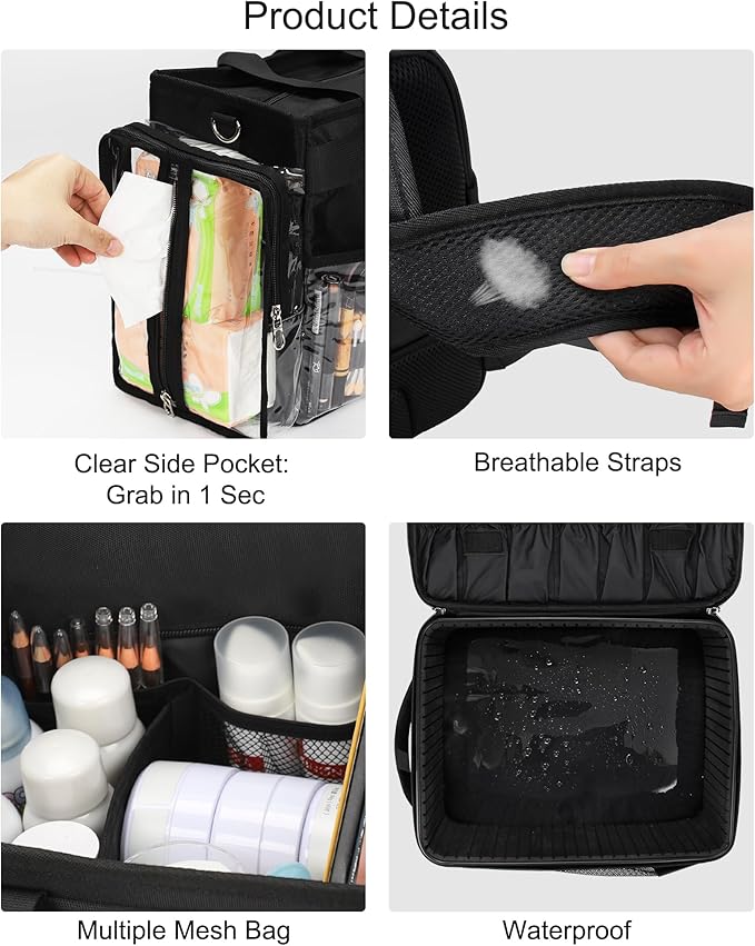 TANTO Makeup Backpack, Makeup Artist Bag Professional Cosmetic Bag with 4 Bag & Tote Bag Double-Layer Make up Storage Organizer Cosmetic Case with Adjustable Divider(Black+XX Large)