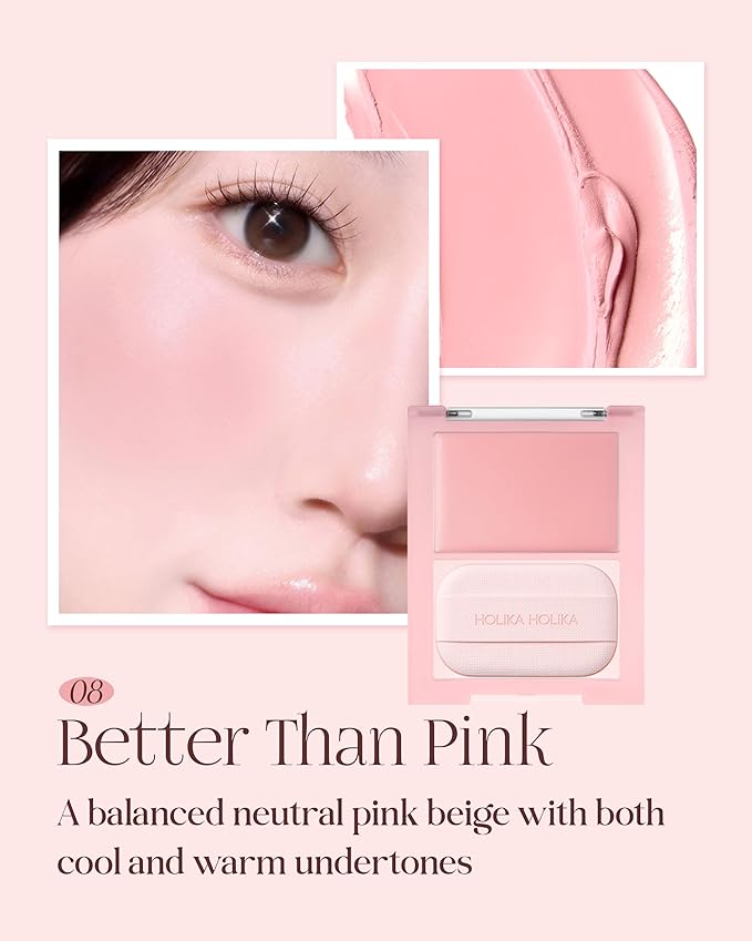 HOLIKA HOLIKA Tinted Milk Cream Blush 08 Better Than Pink - Korean Face Makeup with Built-In Puff, Semi-Luminous Milky Color, High Powder Content Formula, Transparent Finish for Semi-Matte Glow