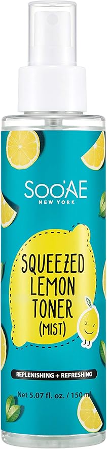 Soo'AE Squeezed Lemon Toner Mist - Facial Toner with Vitamin C, Lemon Extract, Hyaluronic Acid to Hydrating and Tone Skin, Alcohol-Free Oil-Free Astringent, Great for Oily/Combination/Acne Prone Skin