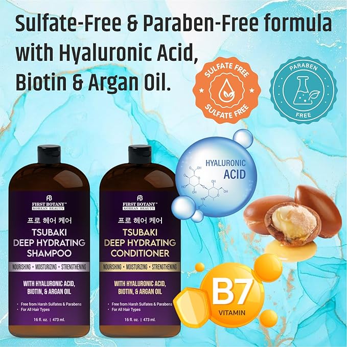 Korean Tsubaki Deep Hydrating Shampoo & Conditioner Set – With Hyaluronic Acid, Biotin & Argan Oil – Nourishing, Moisturizing – Sulfate & Paraben Free – For All Hair Types, 16 fl oz