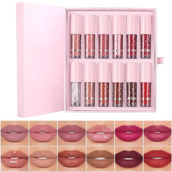 12Pcs Nude Matte Liquid Lipstick Set, Waterproof Long Lasting Non-Stick Cup 12 Colors Nude Lipstick 24 Hour Not Fade Matte Lipstick Professional Lip Gloss Makeup Valentine's Day Gift Sets for Women