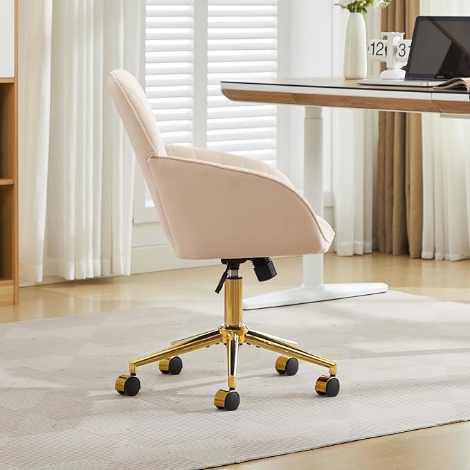 YITAI Velvet Office Desk Armchairs with Gold Base and Wheels,Modern Height Adjustable 360 Degree Swivel Upholstered Vanity Chairs for Living/Room Bedroom/Study,Khaki