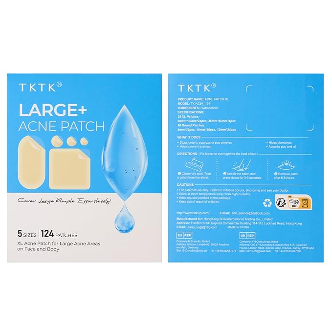TKTK Large Pimple Patches for Face, 60 x 30 mm XL Acne Patches, Big Hydrocolloid Bandages for Body, Back, Forehead, Chin, Neck Blemish Zit Breakouts (Oval, Square, Dot 5 Sizes 124 Count)
