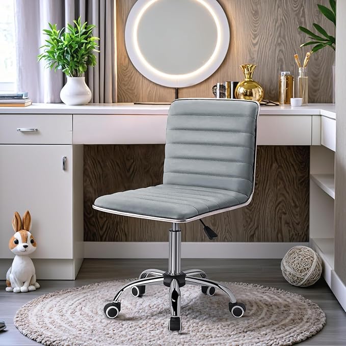 Furmax Vanity Office Desk Chair with Wheels, Armless Small Cute Leather Makeup Computer Task Chair Adjustable Height 360° Swivel (Light Grey)