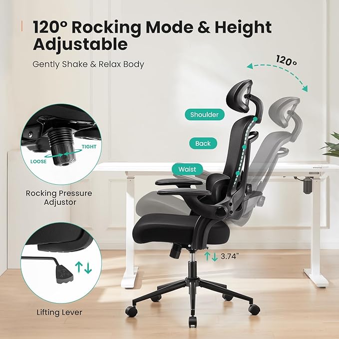 Sweetcrispy Office Chair Ergonomic Desk Chair, 300 LBS Home Mesh Office Desk Chairs with Wheels, 2D Headrest, Up&Down Lumbar Support, Swivel High Back Computer Chair with Flip-up Armrests,Dark Black