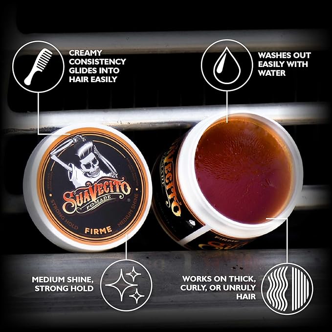Suavecito Pomade Firme (Strong) Hold 4 oz, 1 Pack - Pomade For Men - Medium Shine Water Based Wax Like Flake Free Hair Gel - Easy To Wash Out - All Day Hold For All Hair Styles