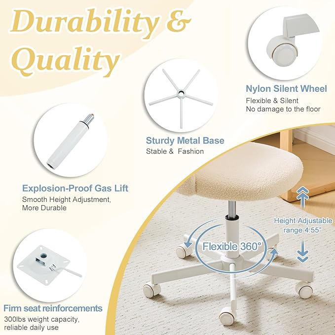 VINGLI Candy Chair Armless Cute Desk Chair,Comfy Small Office Chair with Wheels,Vanity Chair Lumbar Support,Teddy Adjustable Rolling Swivel Computer Task Chair for Home Office,Bedroom,Creamy Beige