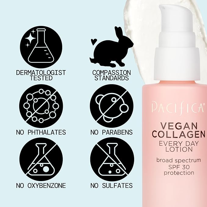 Pacifica Beauty Vegan Collagen SPF 30 Broad Spectrum Sunscreen Every Day Face Lotion,UVA/UVB Protection for All Skin Types,Lightweight,Moisturizing & Hydrating,Cruelty Free,White,1.7 Fl Oz,(Pack of 2)
