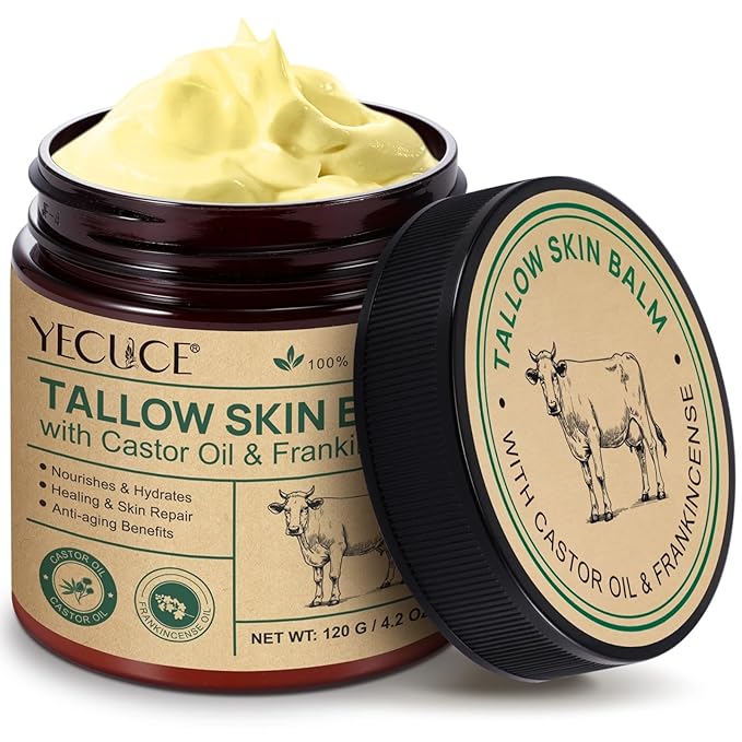 Beef Tallow for Skin with Castor Oil and Frankincense, 4.2 oz Grass-Fed Tallow Cream, Face & Body Moisturizer for Dry Skin