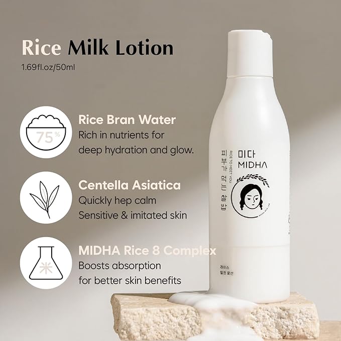 MIDHA RICE MILK LOTION, 6.76fl.oz/200ml, Deep Hydration, Soothing Care, Lightweight Nourishment – Smooth Skin Texture, Radiant Finish, Glowing Complexion
