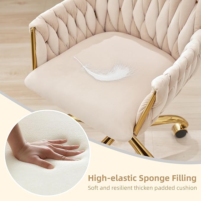 ABET Velvet Desk Chair with Wheels, Cute Upholstered Swivel Office Chair, Modern Gold Rolling Hand Woven Height Adjustable Armchair for Women Girls Home Makeup, Vanity, Nail Salon, Beige