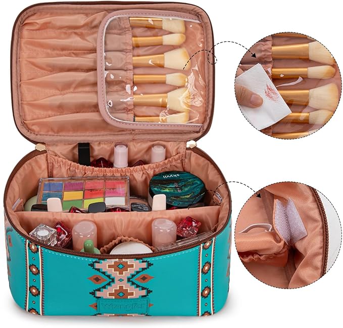 Montana West X Wrangler Travel Makeup Bag 2pcs Set Large Cosmetic Bag with Makeup Brush Holder Portable Make Up Organizer Cute Toiletry Bag with Divider and Handle for Women Aztec