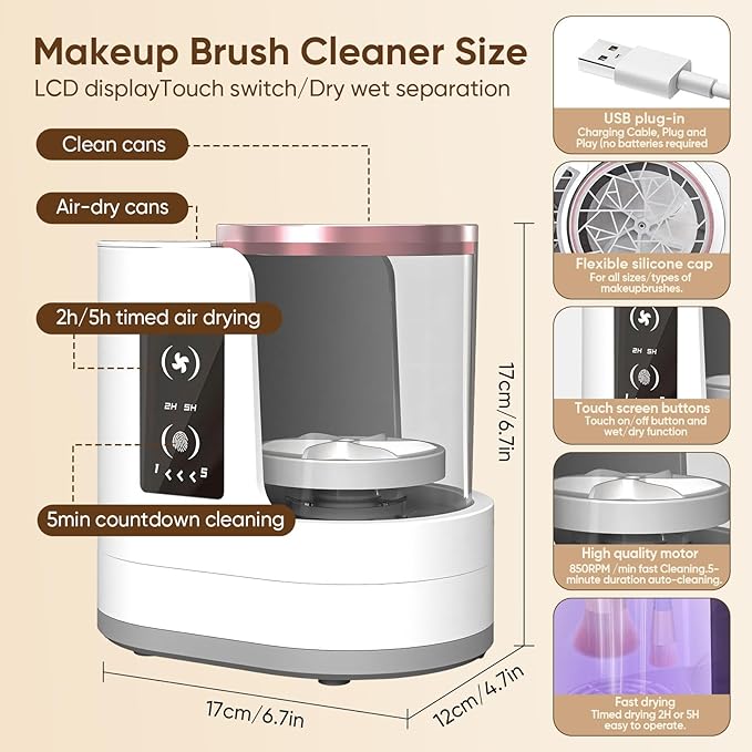 Electric Makeup Brush Cleaner 3-in-1, Automatic Brush Washing & Air-Drying Machine, Dual-Direction Deep Cleaning, Adjustable 2H/5H Drying, Fits Most Brush Sizes, Plug-in Design (2026 Upgrade)