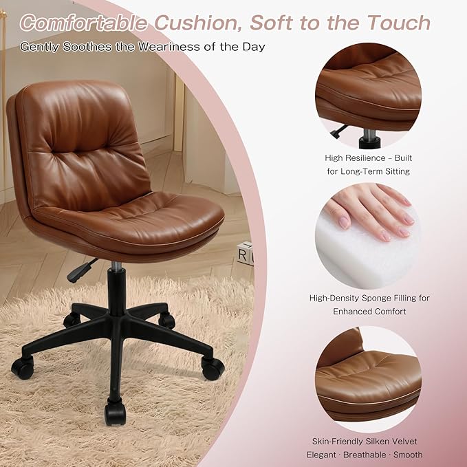 Office Chair, Ergonomic Desk Chair with Padded Cushion & Backrest, Adjustable Height & 360° Swivel, Armless Task Chair for Home Office, Computer Desk & Vanity Brown