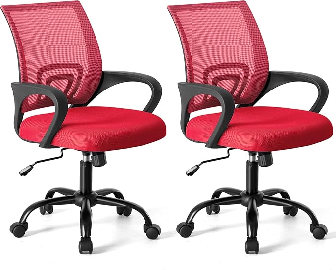 NEWBULIG Red Computer Desk Office Chair, Ergonomic Mid-Back Swivel Rolling Chair with Breathable Backrest and Lumbar Support Wheels, Mesh Office Chairs for Adults Home Task Gaming,2 Pack