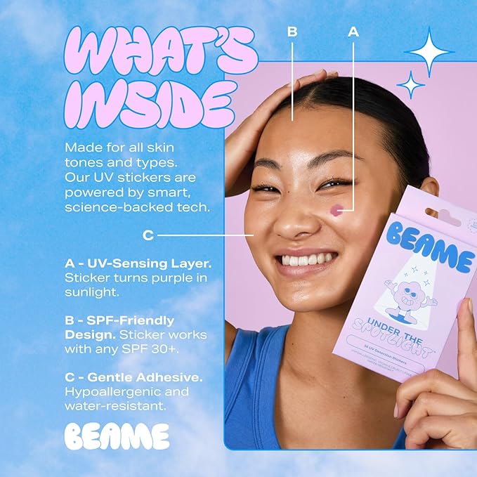 Under The Spotlight™ UV Detection Stickers - Sun Smart Tech That Shows When To Reapply - SPF & UV-Sensing - Water-Resistant & Skin-Safe - Vegan & Cruelty-Free - 36 Stickers, 12mm