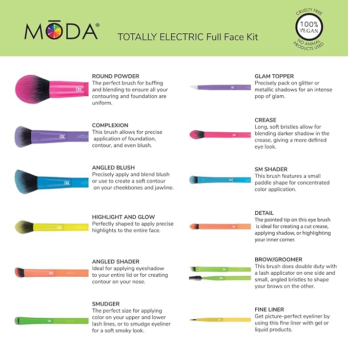 Moda Totally Electric 13pc Full Face Makeup Brush Set – Bold, Colorful, Vegan Brushes for Face & Eye Makeup, Blending, Contouring, and More