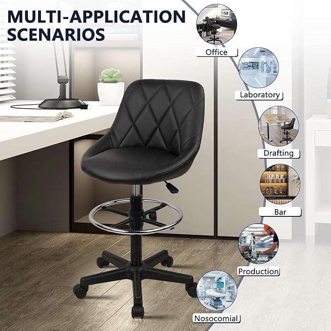 Drafting Chair with Backrest and Wheels, Adjustable Footrest Height Rolling Stool, PU Leather Tall Swivel Chairs Work Shop Office Desk Stools for Kitchen Home Bar, Black, 4 Pack