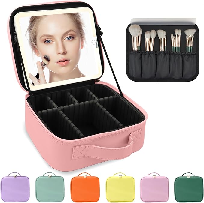 Makeup Bag with Led Mirror,Large Vanity Makeup Cases with 3 Color Setting,Portable Storage and Adjustable Dividers,for Women and Makeup Artists Cosmetic Organizer Travel Makeup Bag-Pink