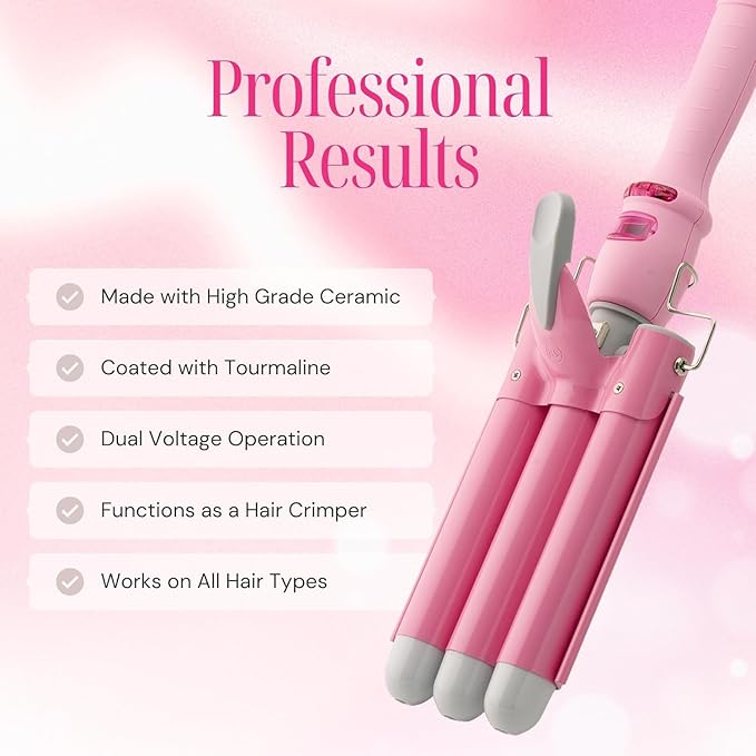 Alure Three Barrel Curling Iron Wand with LCD Temperature Display - 1 Inch Ceramic Tourmaline Triple Barrels, Dual Voltage Crimping Tool, Best Hair Waver for Beachy/Frizz Free Waves (White/Pink)