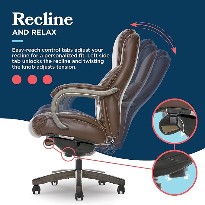 La-Z-Boy Delano Big and Tall Executive Office Chair - Ergonomic Lumbar Support Memory Foam - Bonded Leather Desk Chair for Home Office - Weathered Gray Wood Arms - Brown