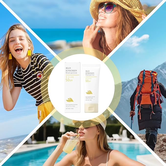 Bean Sunscreen, Sunscreen Lotion, Sun Screen Protector, SPF 50+ Under Makeup Cream for Face and Body, Airy Texture Type, Water Proof Sweat Resistant,2PCS