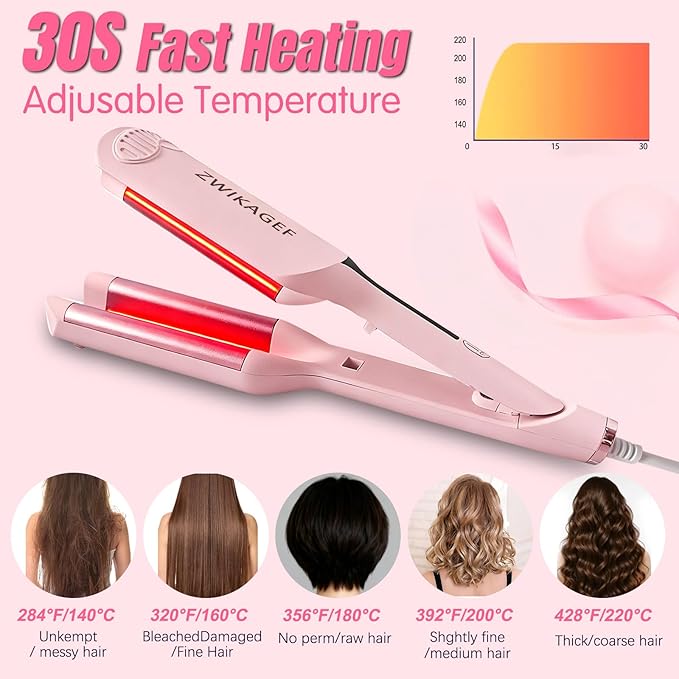 Curling Iron Crimper Hair Tool - ZWIKAGEF Hair Crimper Curling Wand, Curling Iron with Ceramic 3 Barrel for Short Hair Women, Dual Voltage, Anti-Scald, 1.25 Inch