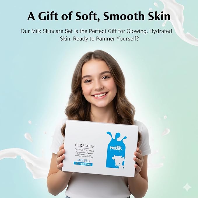 Milk Skin Care Set for Teen Girls, Skincare Gift Kit with Cleanser,Toner,Eye Cream,Serum, Lotion & Face Cream for Hydrating, Brightening, Soothing, All Skin Types