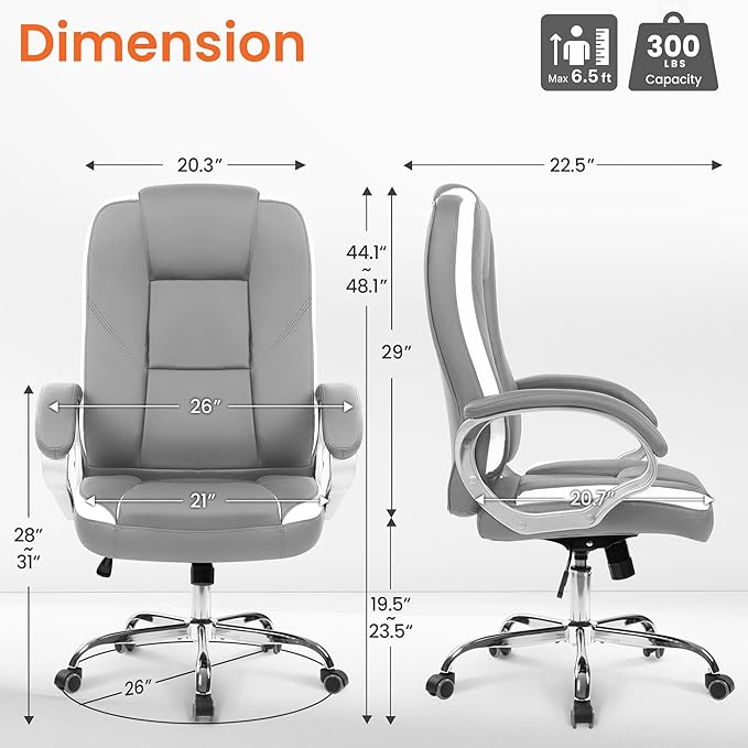NEO Chair Office Desk Ergonomic Gaming Chair High Back Adjustable Computer Chair with Wheels and Lumbar Support Comfy Leather Executive Swivel (Grey)